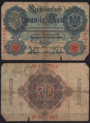 Германия 20 марок 1914 Pick 46b бумага 8592-40-1-1