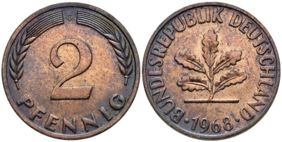 ФРГ 2 пфеннига 1968 G KM 106a, J.381a сталь плакированная медью 4546-952