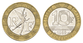 Франция 10 франков 1989 тип гений Бастилии KM 964.1, Le Franc 375.3 биметалл 4704-511