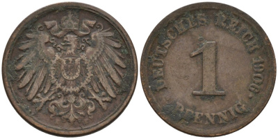 Германия 1 пфенниг 1906 E KM 10, J. 10 медь 4567-1237