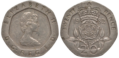 Великобритания 20 пенсов 1982 Елизавета II (1952-2022) KM 931, Spink 4230 (G1) медно-никель 4128-732