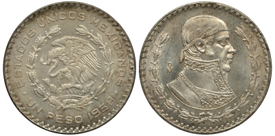 Мексика 1 песо 1958 Хосе Мария Морелос KM 459 серебро 107-923