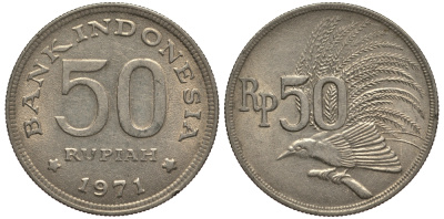 Индонезия 50 рупий 1971 райская птица KM 35 медно-никель 4182-534