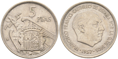Испания 5 песет 1957 (67) Франсиско Франко (1939-1975) KM 786 медно-никель    4595-1024