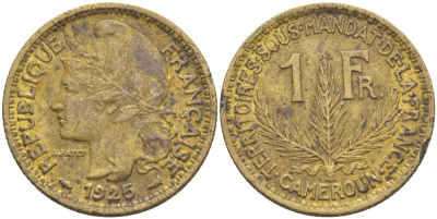 Французский Камерун 1 франк 1925 (а), монетный двор Париж KM 2 алюминиевая бронза 33-712