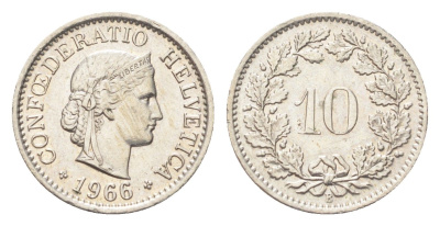 Швейцария 10 раппенов 1966 B KM 27 медно-никель 4708-215