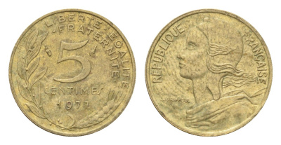 Франция 5 сантимов 1977 KM 933 алюминиевая бронза 4702-1238