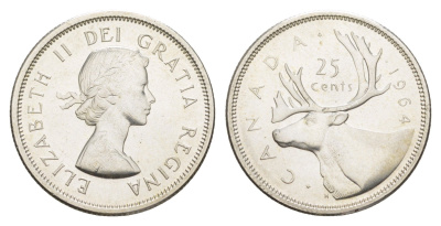Канада 25 центов 1964 Елизавета II (1952-2022), олень KM 52 серебро UNC 4541-446