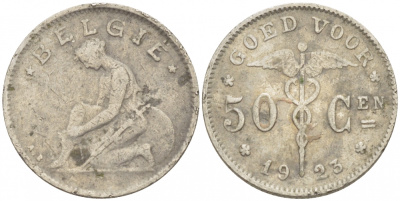 БЕЛЬГИЯ 50 САНТИМОВ 1923 BELGIE KM 88 никель 261-1663