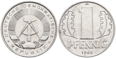ГДР 1 пфенниг 1968 А KM 8.1 алюминий aUNC 4564-1023