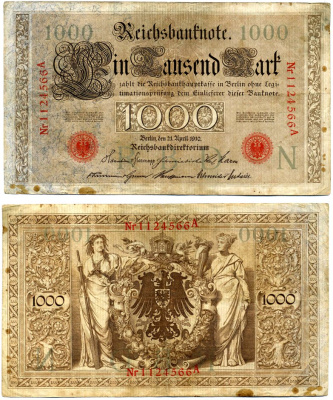 Германия 1000 марок 1910 21 апреля 1910, буква N, номер семизначный, серия A, выпуск (04.1922) Pick 44b, Розенберг 45с бумага 8618-10-1-1