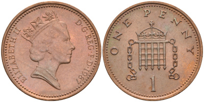Великобритания 1 пенни 1987 Елизавета II (1952-2022) КМ 935, Spink 4381 (B3) бронза 4594-121
