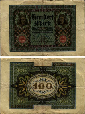 Германия 100 марок 1920 Бамбергский всадник, 8 цифр в номере Pick 69 b, Розенберг 69b бумага 8607-100-1