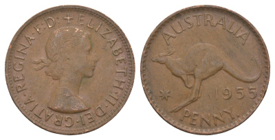 Австралия 1 пенни 1955 . , Елизавета II (1952-2022), кенгуру KM 56 бронза 82-845