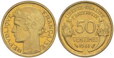 ФРАНЦИЯ 50 САНТИМОВ 1941 ТИП MORLON KM 894.1, LE FRANC 192.18 алюминиевая бронза 44-423