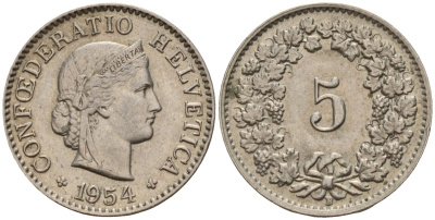 Швейцария 5 раппенов 1954 B KM 26 медно-никель 4189-327