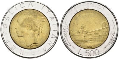 Италия 500 лир 1983 R KM 111 биметалл UNC 76-1027