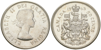 Канада 50 центов 1963 Елизавета II (1952-2022) KM 56 серебро UNC 68-846