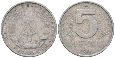 ГДР 5 пфеннигов 1968 А KM 9.1 алюминий 4625-142