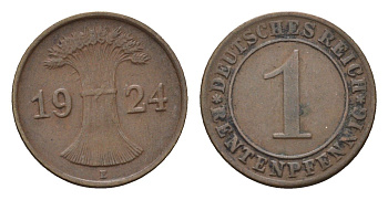 Германия 1 рентенпфенниг 1924 F KM 30, J. 306 бронза 4696-568