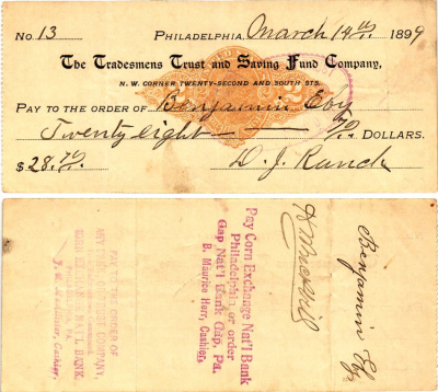США чек на 28,70 долларов 1899 Филадельфия бумага 2196-30-1-1