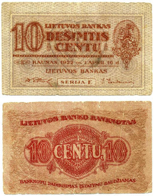 Литовская Республика 10 центов 1922 КАУНАС, 16 декабря 1922 года Pick 10, Кардаков К18.1.10 бумага 00-00