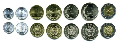 Перу лот из 7 монет 2007-2008 1, 5, 10, 20, 50 сентимо, 1, 2 соль, 1 монета биметалл UNC N2-04
