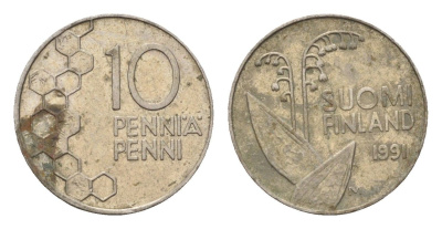 Финляндия 10 пенни 1991 KM 65 медно-никель 4702-439