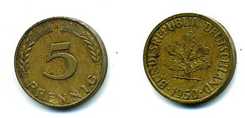 ФРГ 5 ПФЕННИГОВ 1950 J KM 107, J.382 сталь плакированная латунью 46-232