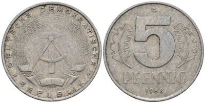 ГДР 5 пфеннигов 1968 A KM 9.1 алюминий 211-848