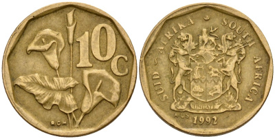 ЮАР 10 центов 1992 цветок KM 135 сталь плакированная латунью 4174-846