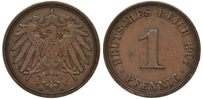 Германия 1 пфенниг 1907 A KM 10, Jaeger 10 медь 4164-155