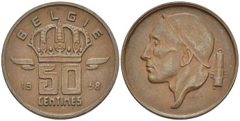 БЕЛЬГИЯ 50 САНТИМОВ 1958 BELGIE KM 149.1 бронза 4396-243