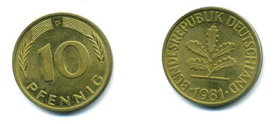 ФРГ 10 ПФЕННИГОВ 1981 G KM 108, J.383 сталь плакированная латунью 46-1324