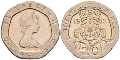 Великобритания 20 пенсов 1982 Елизавета II (1952-2022) KM 931, Spink 4230 (G1) медно-никель 4116-923