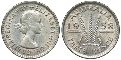 Австралия 3 пенса 1958 m, Елизавета II (1952-2022) KM 57 серебро 71-558
