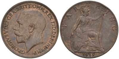 Великобритания 1 фартинг 1919 Георг V (1910-1936), светлая отделка KM 808.2, Spink 4060 бронза 4596-946