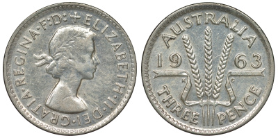 Австралия 3 пенса 1963 m, Елизавета II (1952-2022) KM 57 серебро 71-868