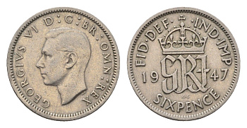 Великобритания 6 пенсов 1947 Георг VI (1936-1952) KM 862, Spink 4105 медно-никель 4696-813