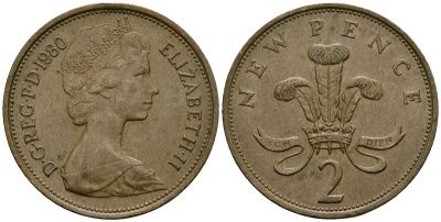 Великобритания 2 пенса 1980 Елизавета II (1952-2022) KM 916, Spink 4235 (C1) бронза 4138-753