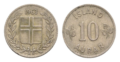 Исландия 10 эйре 1963 KM 10 медно-никель UNC 4632-935