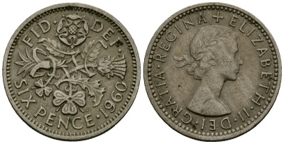 Великобритания 6 пенсов 1960 Елизавета II (1952-2022) KM 903, Spink 4149 медно-никель 4174-216