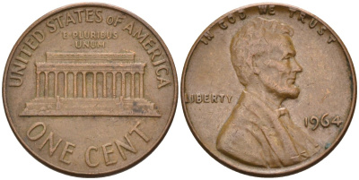 США 1 цент 1964 Линкольн KM 201 медь цинк 4115-836