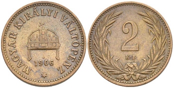 Венгрия 2 филлера 1906 КВ, Франц Иосиф I (1848-1916) KM 481 бронза 201-227