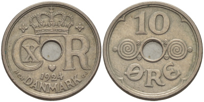 ДАНИЯ 10 ЭРЕ 1924 HCN ; GJ, КРИСТИАН X (1912-1947) KM 822.1 медно-никель 100-255