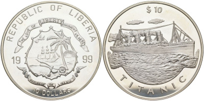 Либерия 10 долларов 1999 корабль Титаник KM 573 серебро PROOF 11-138-45