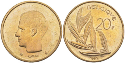 БЕЛЬГИЯ 20 ФРАНКОВ 1993 BELGIQUE KM 159 никель бронза 4395-225