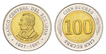 Эквадор 100 сукре 1997 70 лет Центробанку KM 101 биметалл UNC 4697-429