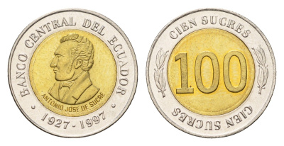 Эквадор 100 сукре 1997 70 лет Центробанку KM 101 биметалл UNC 4697-429