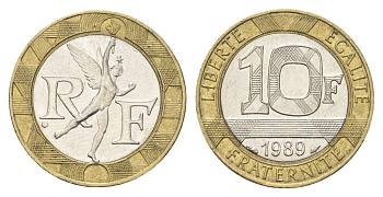 Франция 10 франков 1989 тип гений Бастилии KM 964.1, Le Franc 375.3 биметалл 4704-512